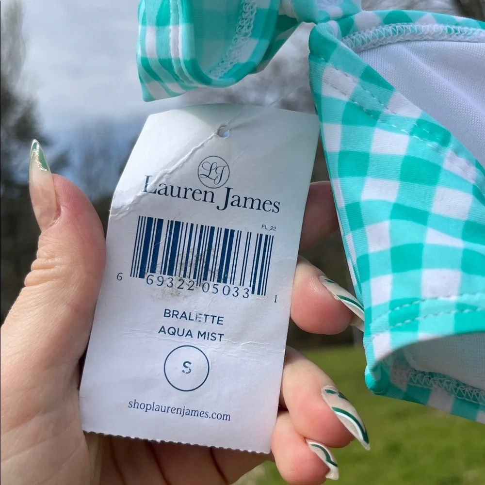 NWT $62 Gingham Off-The-Shoulder Bandeau Bikini Top in Aqua Mist by Lauren James